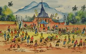 20th Century Asian School, watercolours, Two busy street scenes depicting vendors, signed, framed,