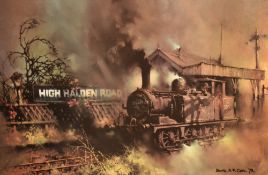 After Barrie A.F Clark (b.1943, British), coloured print, 'High Halden Road', of railway interest,