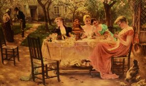 After Hermann Vogler (b.1859, German), crystoleum, Courting couple in a garden, framed, measuring
