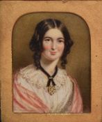 19th Century School, miniature on ivory, a portrait of a young, brown haired woman in white,