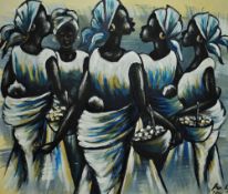 Ben Adjei (contemporary, African), oil on canvas, Xhosa women carrying baskets, signed and dated