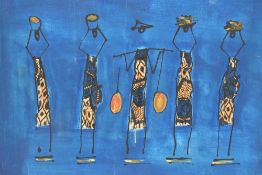 20th Century African School, mixed media/oil on canvas, Two decorative African illustrations against