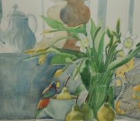 Shirley Neil (20th Century, British), watercolour, A still life arrangement depicting daffodils,