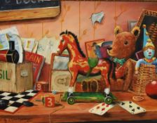 After Edward Hersey (b.1948, British), oil on board, 'Toys', a nostalgic painting copied by G.