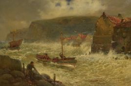 William Woodhouse (1857-1939, British), oil on canvas, 'Staithes', a lively coastal landscape with