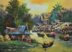20th Century Continental School, oil on board, A depiction of Thailand everyday life, signed to