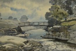 Sam Chadwick (1902-1992, British), watercolours, Two illustrations depicting a bridge over a river