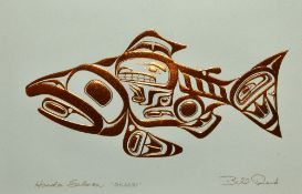 After Bill Reid (1920-1998, Canadian), print, 'Haida Salmon - Skaagi', framed, mounted, and under