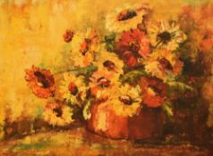 Karl Connor (20th Century, British), oil on board, A still life arrangement depicting sunflowers
