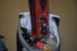 A small polyester bag containing course fishing tackle including rigs, floats, a sealed bite alarm