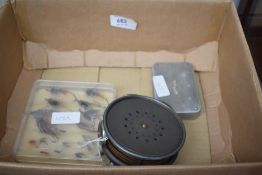 A Hardy fly reel marked 'the Perfect' size 3 7/8 and having an agate ring along with a box of salmon