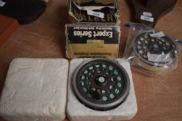 A Bruce and Walker Expert Series, Salmon fly reel with line measuring 4 & 1/4' Wide drum and spare