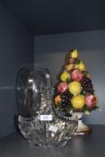 A vintage Capo Di Monte fruit tree table centre piece, a large hand made crocus shaped vase and a