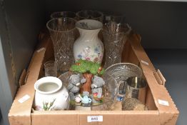 A large Aynsley 'Wild Tudor' vase and a similar smaller Portmeirion vase, five crystal and cut glass