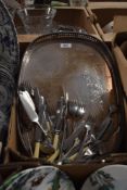 A large rectangular silver plate gallery tray and a small selection of cutlery and flatware.
