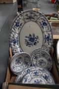 A Johnson Bros 'Indies' blue and white part dinner service having approximately 21 pieces.
