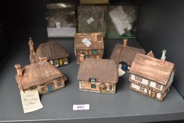 Six vintage Van Hill pottery cottage ornaments by Yvonne Fowler, the largest measures 8cm high