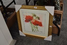 Contemporary School, coloured print, 'Mohnblumen in Wind', a decorative illustration, framed,
