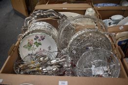A selection of assorted cut/pressed glass and silver plate items including cake plates, bowls, bells