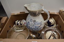 A large D.M&S 'Tom Tit' water pitcher, a sliver plated sugar helmet and bon bon dish, a plated