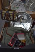 A Tiffany style candle holder styled as a desk lamp, a metal candlestick, a silver plated tray