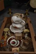 A pair of brass candlesticks, a H&K Tunstall tri-dish serving bowl, a Wade 'Festival' jug and
