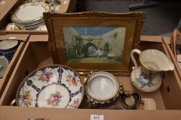 A Noritake hand painted footed bowl with scroll handles, a Noritake lion footed base, a Honiton