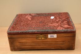 A vintage wooden box with tapestry lid 29cm x 23cm.