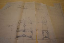 An original pencil drawing/plan of walnut cabinet by L C Lyne Esq. for Waring & Gillow Ltd,