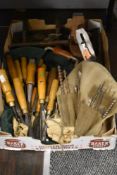 A selection of joinery/carpentry tools including Acorn Brand tools chisels, a Record plane and