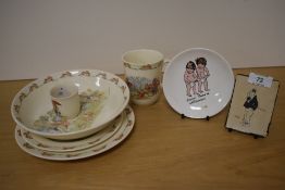 Five items of Royal Doulton Bunnkins china, cup, egg cup, bowl plate and saucer. Sold together