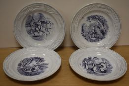A group of four Victorian transfer-printed and moulded children's plates, the rims moulded with corn