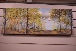 Contemporary, an oil on canvas study of a lake view, signed M.Holmes, and measuring 30cm x 80cm