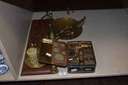 A set of brass balance scales (AF) with pans and a selection of weights.