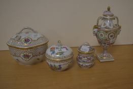 A group of four attractive 20th century Dresden porcelain lidded items, comprising urn with rams