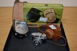 A vintage Prinzlite III exposure meter and a Mycro III A miniature camera.