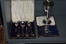 A 20th Century silver plated vase of tapering form with crimped rim, measuring 23cm high, and two