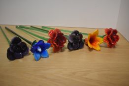 A group of six attractive Maltese art glass long stemmed flowers, each with variations 48cm