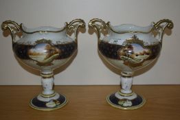 A pair of Japanese Kinjo China pedestal two handled vases, decorated with landscape vignettes and