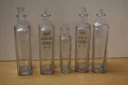 A group of five acid-etched chemist/apothecary bottles, having short flared necks over the arched