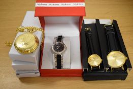 A selection of costume pocket watches with watch chains in original boxes, with a Style&Co.