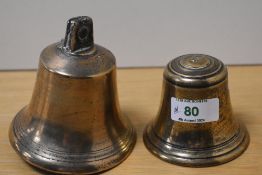 Two vintage brass bells, one with impressed 14oz mark to top.