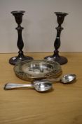 A pair of Edwardian style plated candlesticks engraved 'JEC' to base within a lorrel reef, sold