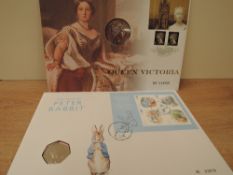 GB 2001 & 2016 DUO OF NUMISMATIC COVERS - PETER RABBIT & VICTORIA Tale of Peter Rabbit mini sheet