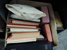 BOX OF WORLD STAMPS INCLUDING ALBUMS, OFF PAPER, YEAR BOOKS ETC Box with several world and GB