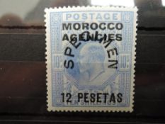 MOROCCO AGENCIES (SPANISH CURRENCY) 1907 EVII 12p ON 10s ULTRAMARINE OPTD SPECIMEN LMM A very good