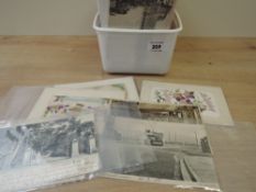TUB OF POSTCARDS, MIX OF ALL ERAS INCLUDING SILKS Old ice cream tub, with ranges of postcards, old