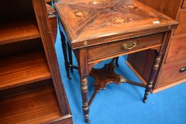 A Victorian envelope card table having inlaid decoration, approx 59 x 59cm (height 73cm)
