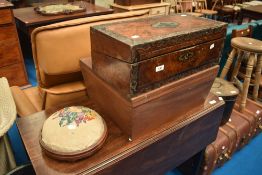 A 19th Century lap desk, embroidered foot rest and joiner made storage box