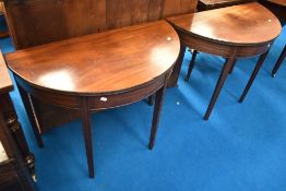A pair of 19th Century mahogany D end side tables, width approx 92cm